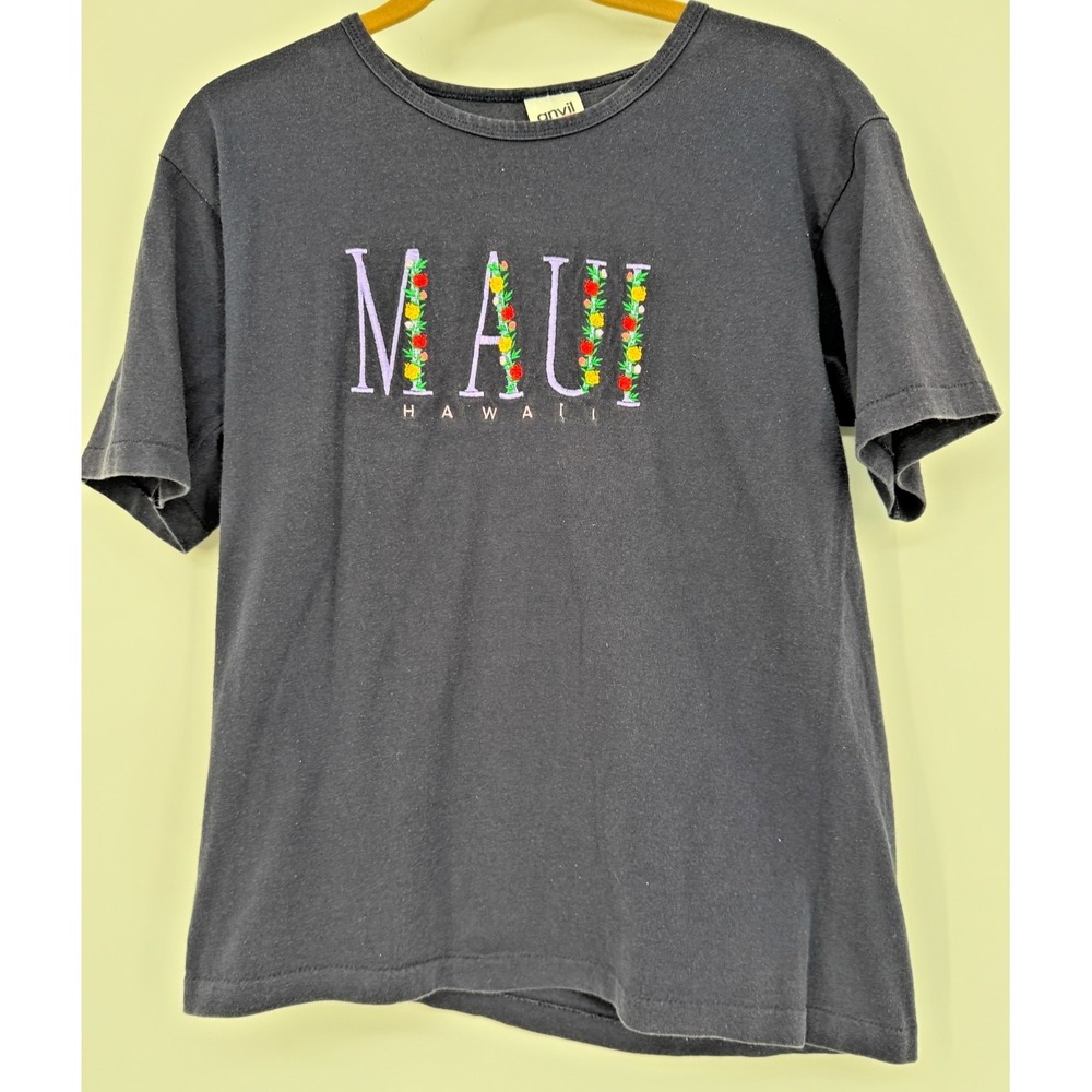 VTG Maui Hawaii Floral Embroidered Tourist Tee Navy Blue Anvil USA Medium Single